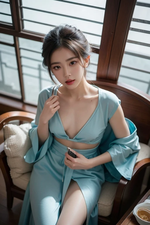 (best quality),extremely detailed, ultra-detailed,physically-based rendering,highly detailed background,extremely detailed face,ealistic,ultra high res,masterpiece,1girl,upper body,sit,look at viewer, short skirt, hanfu, short hanfu, plain cloth, clear eyes, cleavage, shoulder, beautiful face