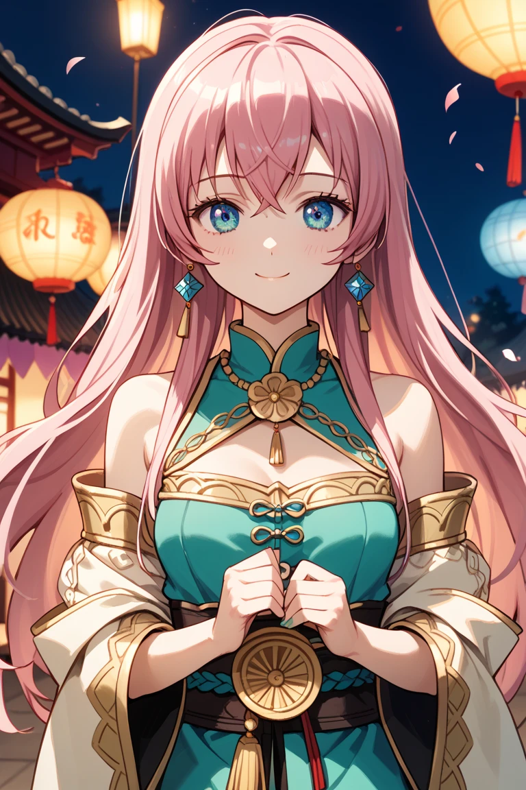 A girl with long pink hair, golden light magic, blue eyes, kimono, bare shoulders, large breasts, smiling.