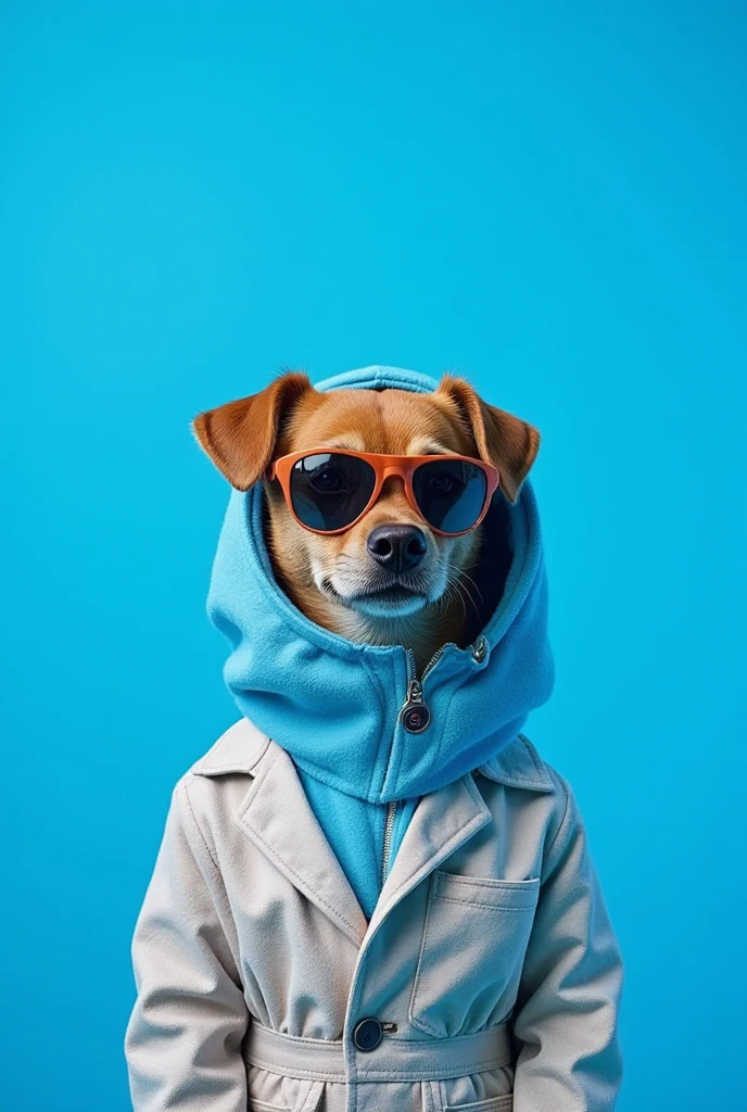 The best cell phone wallpaper, Award-Winning Wallpaper, portrait photography, In the front view is a portrait of a cute dog wearing mid-1960s space age fashion, Side view photo, Shot with Canon EOS R5, Set a strong contrast that accentuates the subject, Fluorescent blue tone, Wearing a very modern coat and sunglasses is a modern 1960s style, Clothes all in one color, beautiful background
