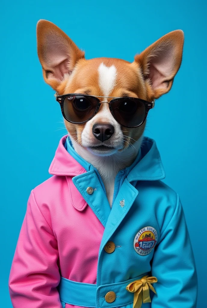 The best cell phone wallpaper, Award-Winning Wallpaper, portrait photography, In the front view is a portrait of a cute dog wearing mid-1960s space age fashion, Side view photo, Shot with Canon EOS R5, Set a strong contrast that accentuates the subject, Fluorescent blue tone, Wearing a very modern coat and sunglasses is a modern 1960s style, Clothes all in one color, beautiful background