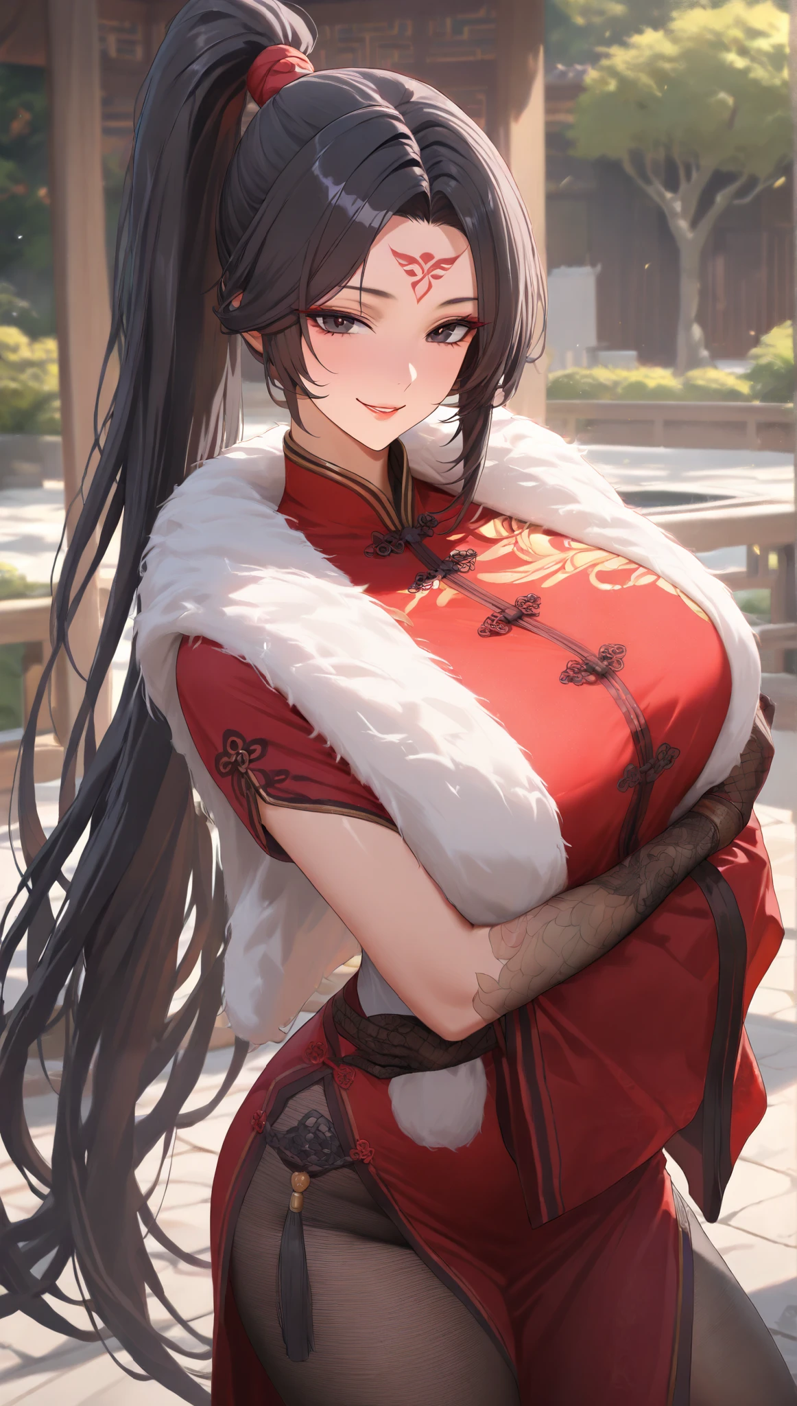 SOLO, A Female, Perfect body, (Chinese long hair,Black Hair,Single ponytail),(Black eyes),Red Forehead tattoo, Wearing A Red Taoist Robe (Cheongsam style),(Wearing Fur Vest), Black pantyhose, Black long silk gloves, In the Chinese classical garden, Outdoor,Naughty face,UHD, anatomically correct, masterpiece, textured skin, high details, highres, 1080P, 16k, accurate, Beautiful face, Perfect face, Highly detailed beautiful face and eyes, Attractive face, Detailed face, Delicate facial features, Detailed skin,Cowboy shot,Look at the view,(((hbig bosom)))