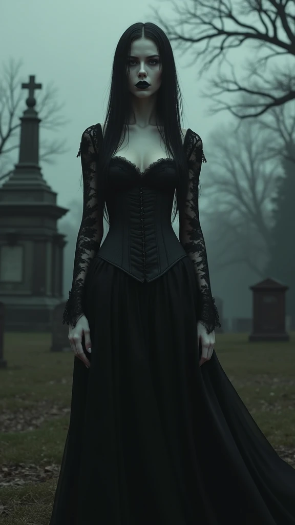 RAW photo of a 25 y.o goth women, ((wearing a black dress)), average looking person, (pale skin), dark curly hair, pigtails, dark eye makeup, black lipstick, (thin eyebrows), (detailed face), curvy body, ((half body)), standing in a cemetery at night, full moon, (high detailed skin:1.2), 8k uhd, dslr, soft lighting, high quality, film grain, Fujifilm XT3