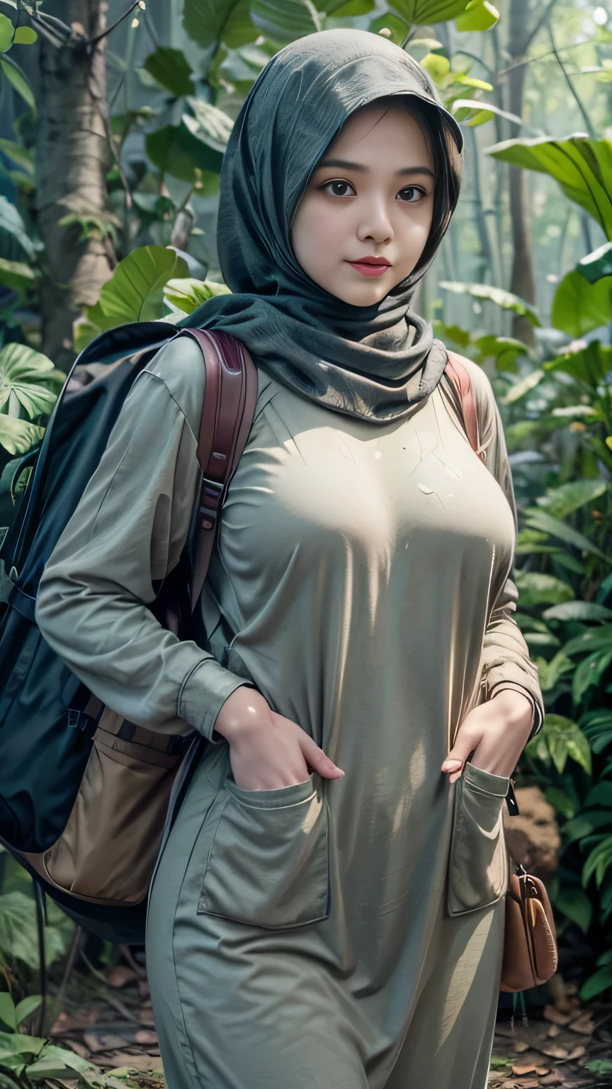 RAW, Best quality, high resolution, masterpiece: 1.3), beautiful Malay woman in hijab (iu:0.8),Best quality, high resolution, Masterpiece: 1.3, Beautiful  hijabi malay girl, Masterpiece, Soft smile, Realistic, 1girl, charming eyes, glowing eyes,parted lips, big breast, Beautiful adult woman in hijap, full-length, beautiful figure, aesthetics of the female body, savage from the islands, hunter of mysterious creatures, observing the creature, in ambush, studying the creature found, in ranger clothes, with a large backpack, detailed clothes, many pockets, many belts, everything is hung with gadgets, catches small mysterious creatures, hunts small creatures, mysterious forest, beautiful forest, nature surrounded by flowers,  tender leaves and branches surrounded by fireflies (natural elements), (jungle theme), (leaves), (branches), (fireflies), (particle effects), etc.3D Octane rendering, ray tracing, super detailing viewer, closeup