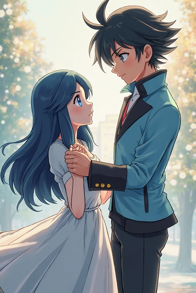 Boku no hero academia screenshot, beautiful woman, Loose pastel blue hair with bangs, hero costume which is a white shirt with an open chest, a black skirt above the knee, a stocking, a pair of light blue high heels, is standing next to Aizawa Shouta