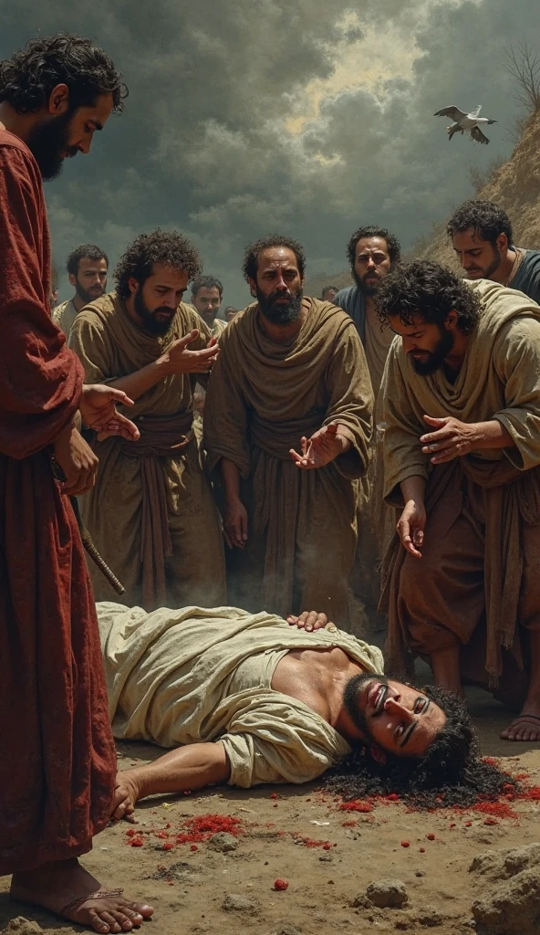 A solemn scene depicting three men crying out in grief. They are shown tearing their clothes and sprinkling dust over their heads in mourning. They then sit on the ground beside their friend, who is sitting in the center, deeply sorrowful. The background is a desolate landscape, emphasizing the weight of the moment. The men sit silently, sharing in their friend's suffering, their expressions filled with empathy and sorrow, reflecting the deep connection and support they offer during this time of intense mourning. jjo esta ao fundo da imagem sefocado