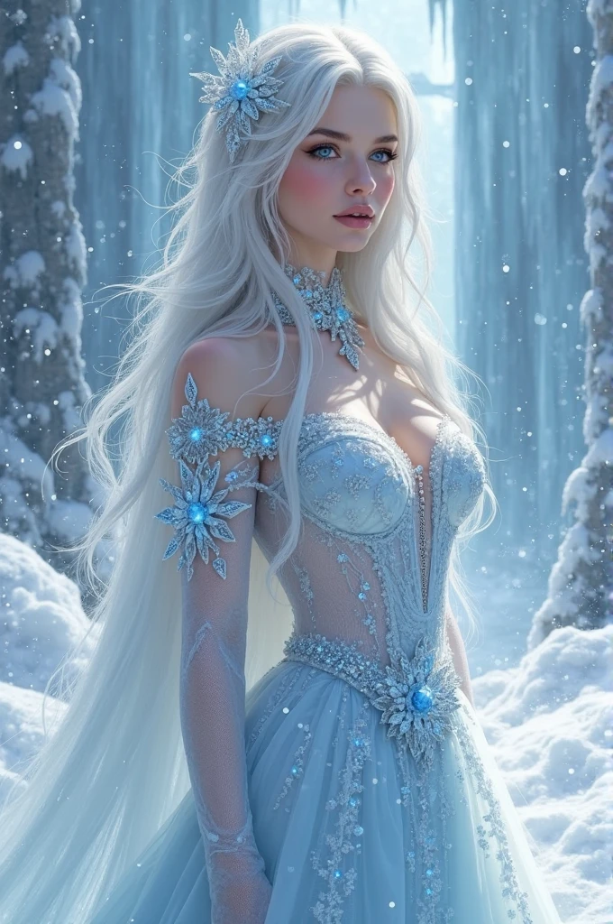Best quality, cinematic image, Detailе.ed image, fantasy, mythical creature, horns, Ice skin, beautiful woman, ice spirit, The Snow Queen, blue skin, Ice Dragon, detailed beautiful голубыe eyes, very long wavy white hair, cold look, White dress, big beautiful breasts, winter forest 