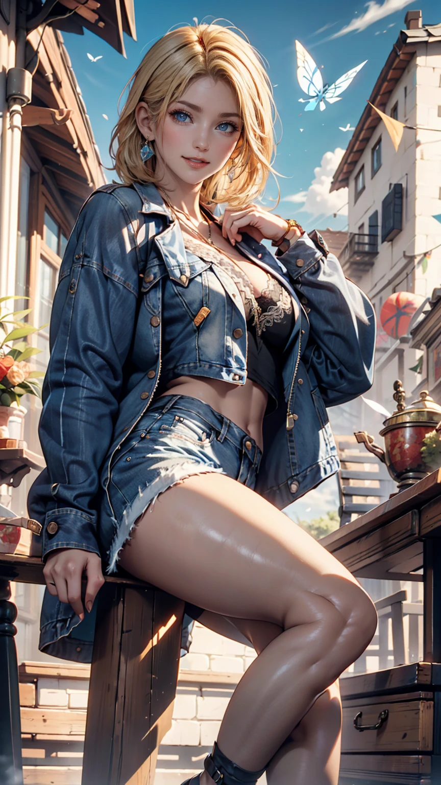 2076 year. The  Ruins of the Wasteland, Female huntress standing in the garden, beautiful face, blonde, torn shirt and denim shorts ,  long legs, sweating through, sun rising, Nice warm colors, head to toe full body shot