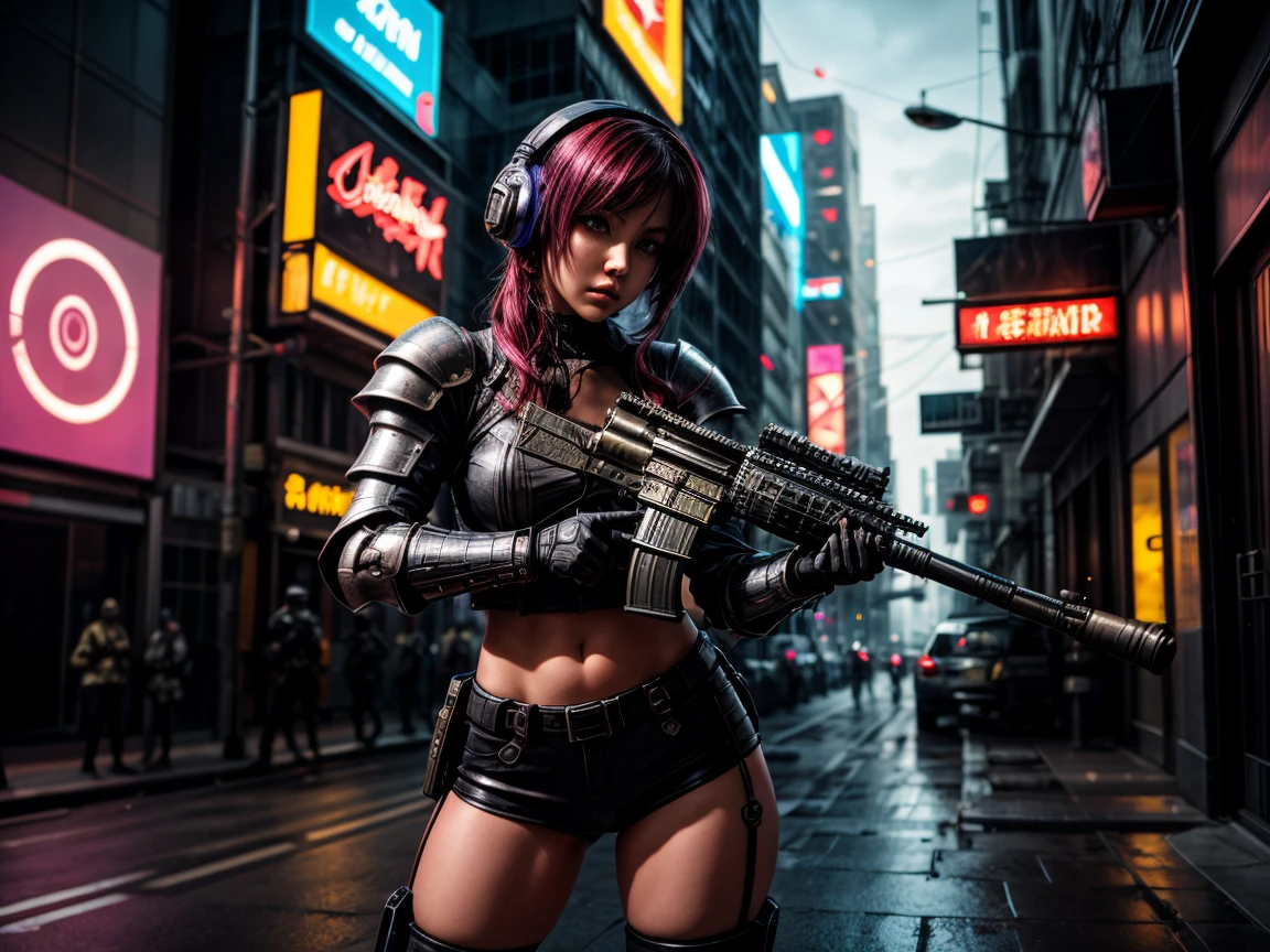 photo in cyberpunk style, athletic body, ideal body, post-apocalysis, sexy cyborg girl, multi-colored hair, sexy outfit in cyberpunk style, posing on the rubble, looking at the viewer, night, moonlight passing through the hair