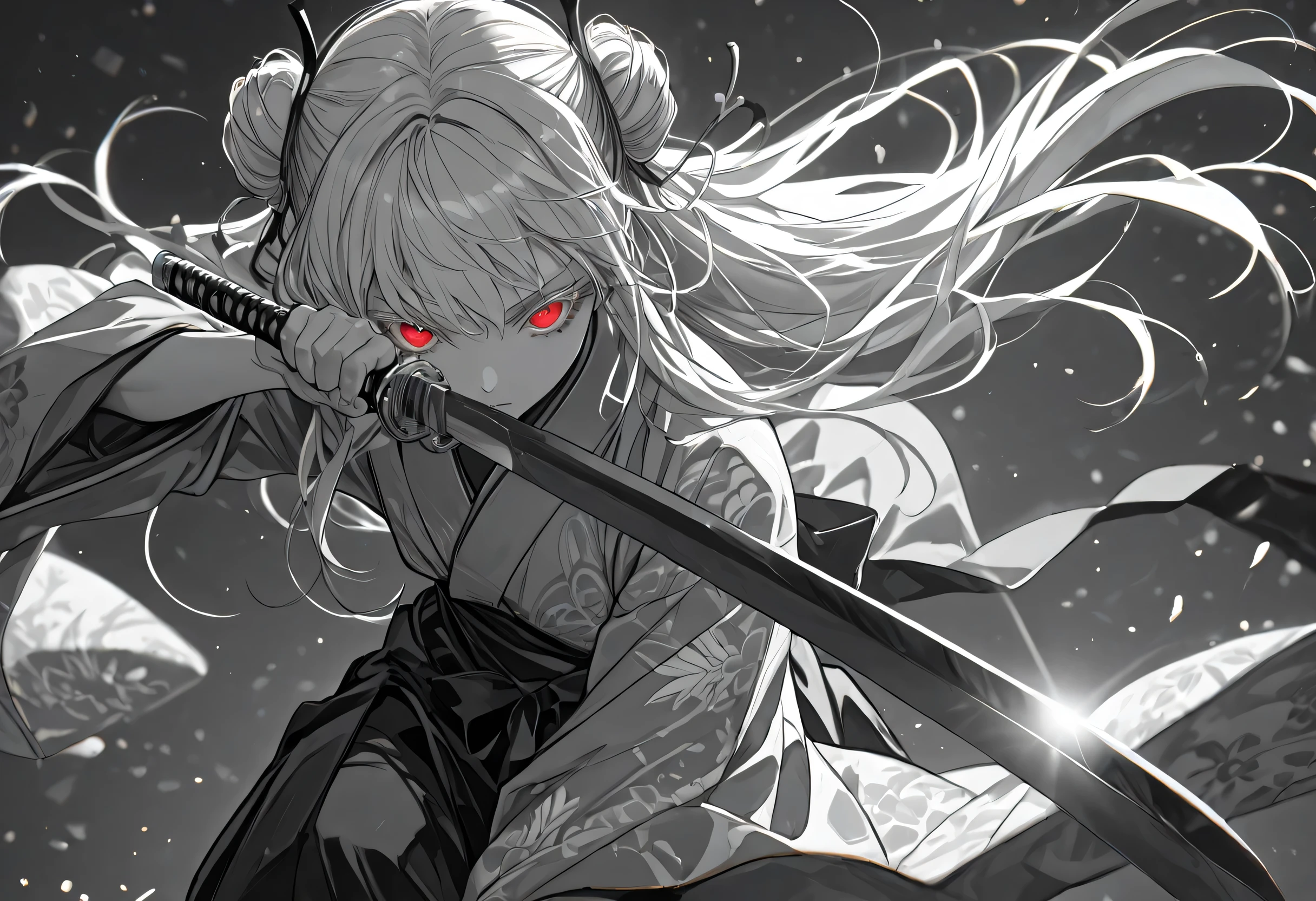 a girl , samurai, holding katana, colored eyelashes, red eyes, long hair disanged, single bun, hair combed back, hair with red gradation, yukata with dragon motif,(yukata with dragon motif yang rumit), looking towards viewer, manga style art, monochrome, Grayscale,score_9,score_8,score_7,score_6_up , source_anime, masterpiece,HD,8k wallpaper, smooth skin, Sharp focus, depth of field,