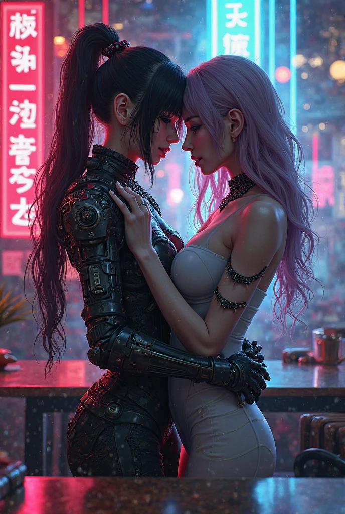 Female Cyborg, with bionic arms and legs,, under the rain, usando lingeries transparentes income na cor lilás, kissing a japanese girl with purple hair, wearing transparent orange lingerie, income., high quality, (RAW photo, best quality), (realistic, photorealistic: 1.4), (extremely delicate and beautiful: 1.4), amazing, fine details, masterpiece, ultra detailed, high resolution, best illustration, best shadow, intricate, ( extremely intricate: 1.2), (exquisitely detailed skin), cinematic light, perfect anatomy, (cool color: 1.4), sharp focus, 8k UHD, DSLR, (Fujifilm XT3),(85mm F/1.4), (iluminación cinematográfica :1.4),( estilo encaje lingerie :1.4) 