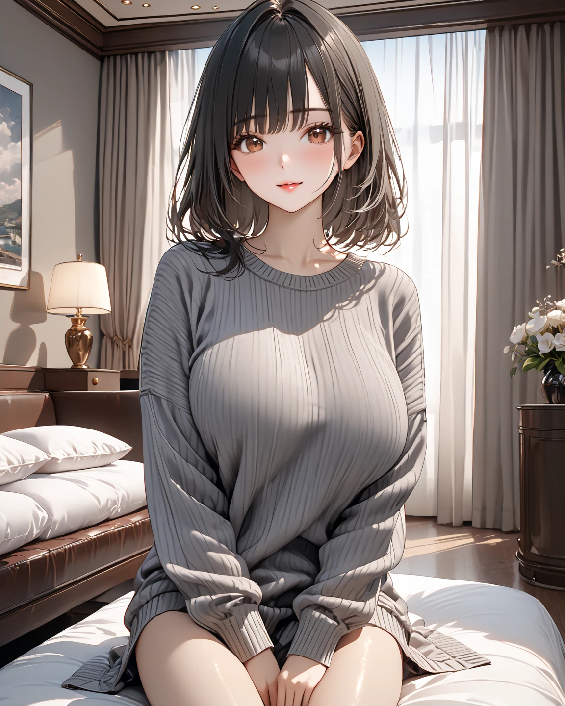 1lady solo, mature female, /(simple grey sweatshirt/), /(black hair/) bangs, blush kind smile, (masterpiece best quality:1.2) delicate illustration ultra-detailed, large breast, /(modern house indoors/)