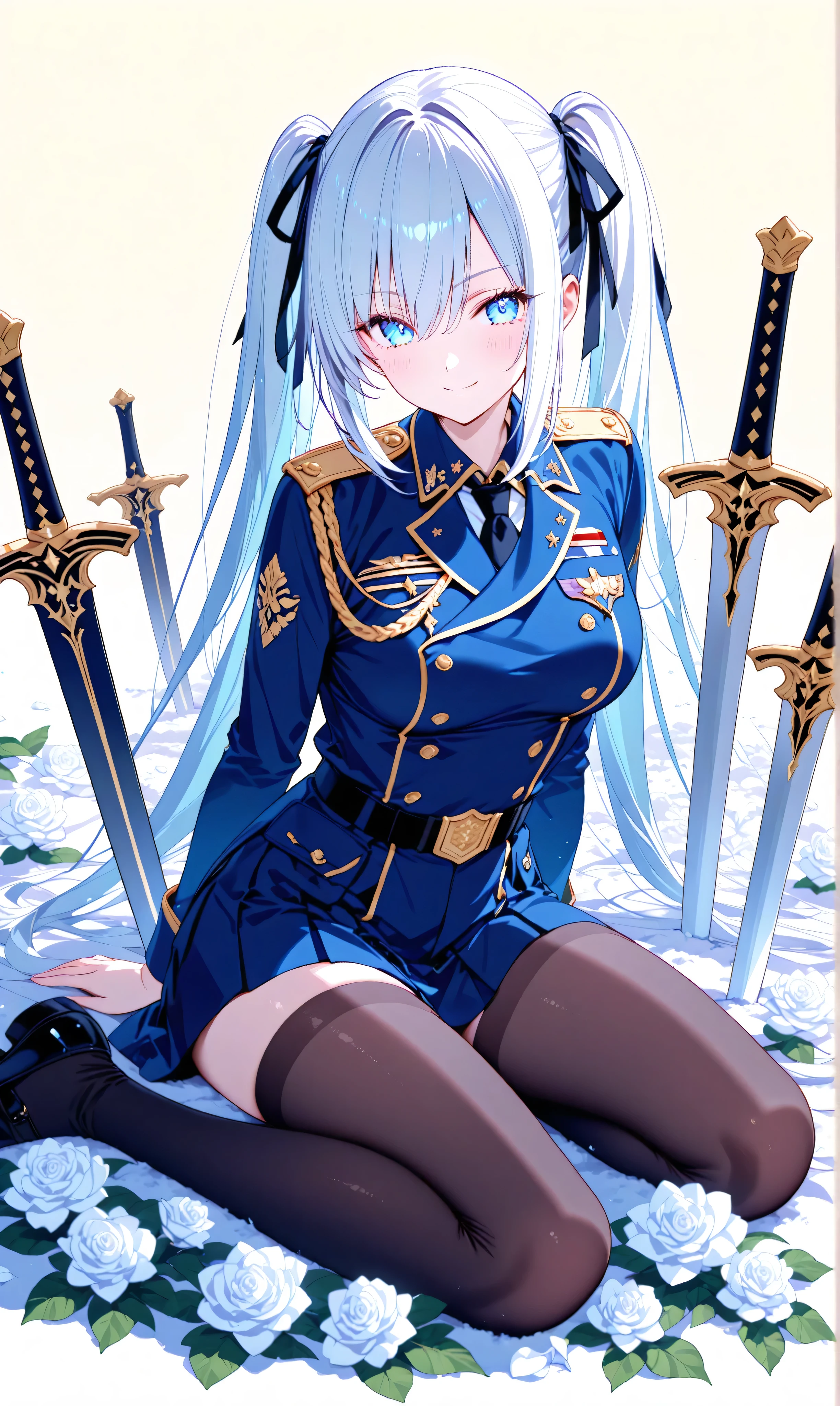 (watercolor:0.4)、( pastel :0.6)、 1 dead girl 、long jet black twin tails、ties faint white highlights with a ribbon、a knight in a military uniform with white roses scattered around、blue eyes。an expression where you can sit on the ground and place a sword on your side、trying to stand up with a small smile。scattered white roses and the battlefield is illuminated by the sun、It makes me feel hopeful、A new beginning。Simple white background that makes the character stand out。