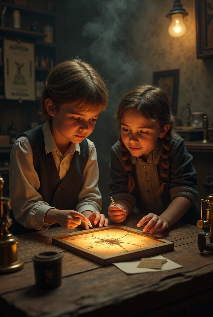 Hansel and Gretel standing outside the now darkened gingerbread house, holding a small chest of gold and jewels. Their faces are haunted, their eyes wide with lingering fear as they prepare to leave the cursed place behind