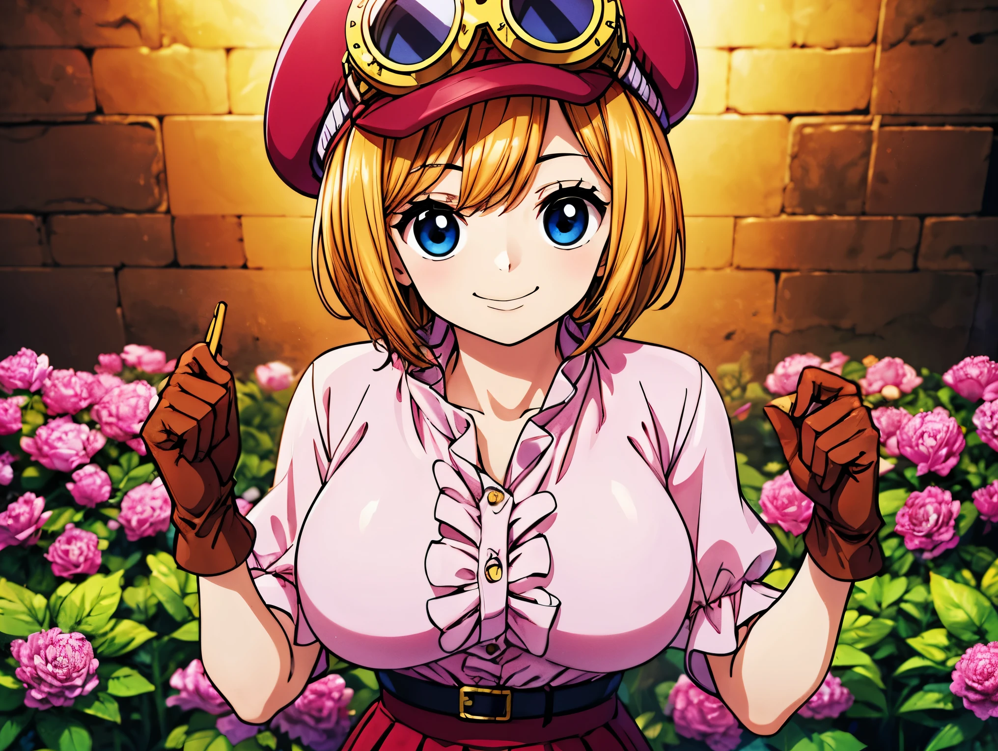 masterpiece, Best Quality , 8k, ultra high definition, Best Quality , anime style, best writing , beautiful face, masterpiece、 Squeeze , high definition、 is very well detailed、koala \( dress\)、 above Decorati has 、Cabbie above Decorati has 、Hat and goggles、 short hair、blue eyes、 Big Breasts、 shirt、Frill shirt、pink shirt、 gloves、brown gloves、belt、 skirt 、Red skirt 、Frill skirt 、Thousands of flowers、blooming background、( upper body:1.3)、 best smile、 portraits、 angle