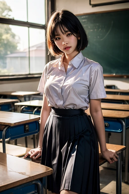 masterpiece, Highest quality, 8k, Young and beautiful girl, Baby Face、The clothes are big、photo shoot, Cute Face, Thighs, Bright classroom, (((Embarrassing)))、Embarrassed、No makeup, 10 generations, Detailed face, Background Blur、Tight waist、((((School uniforms、White shirt、Checked mini skirt、Lift up your skirt、Showing how me your pussy))hort Hair、Light brown hair、(Please shyly lift up your skirt yourself.)、Bright classroom、Thighs、Spread your legs