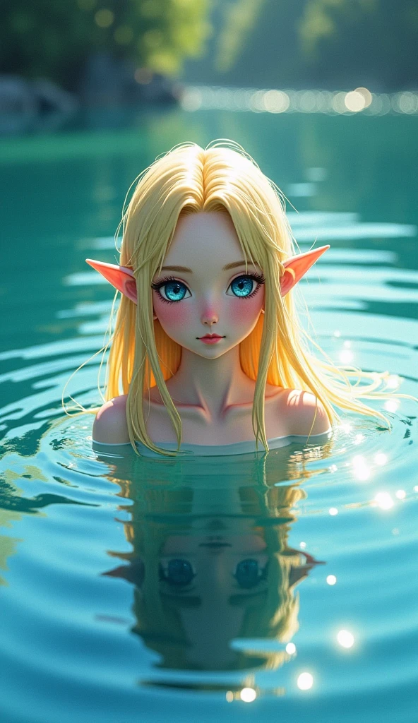 Masterpiece, One Girl, Top Quality, Very Delicate and Beautiful, Very Detailed, Best Rendition, ((8K High Quality Detail Pictorial Art)), ((Pictorial Art)), Mystical, Elf, Mythological Painting,
simple bikini,
Child, in the center of the lake, splashing, bare navel, bare shoulders, lying on your back, floating on the surface of the water, white light, beautiful water print, blue clear lake, full body shooting, luminescent lake surface, arms outstretched, glowing fireflies,
, light, smooth skin, small breasts, slender, (((white skin)), colorful lips, super delicate hair, clear eyes, small buttocks, long hair, petite, super cute, short stature, transparent hair, thin blonde, round eyes, --auto