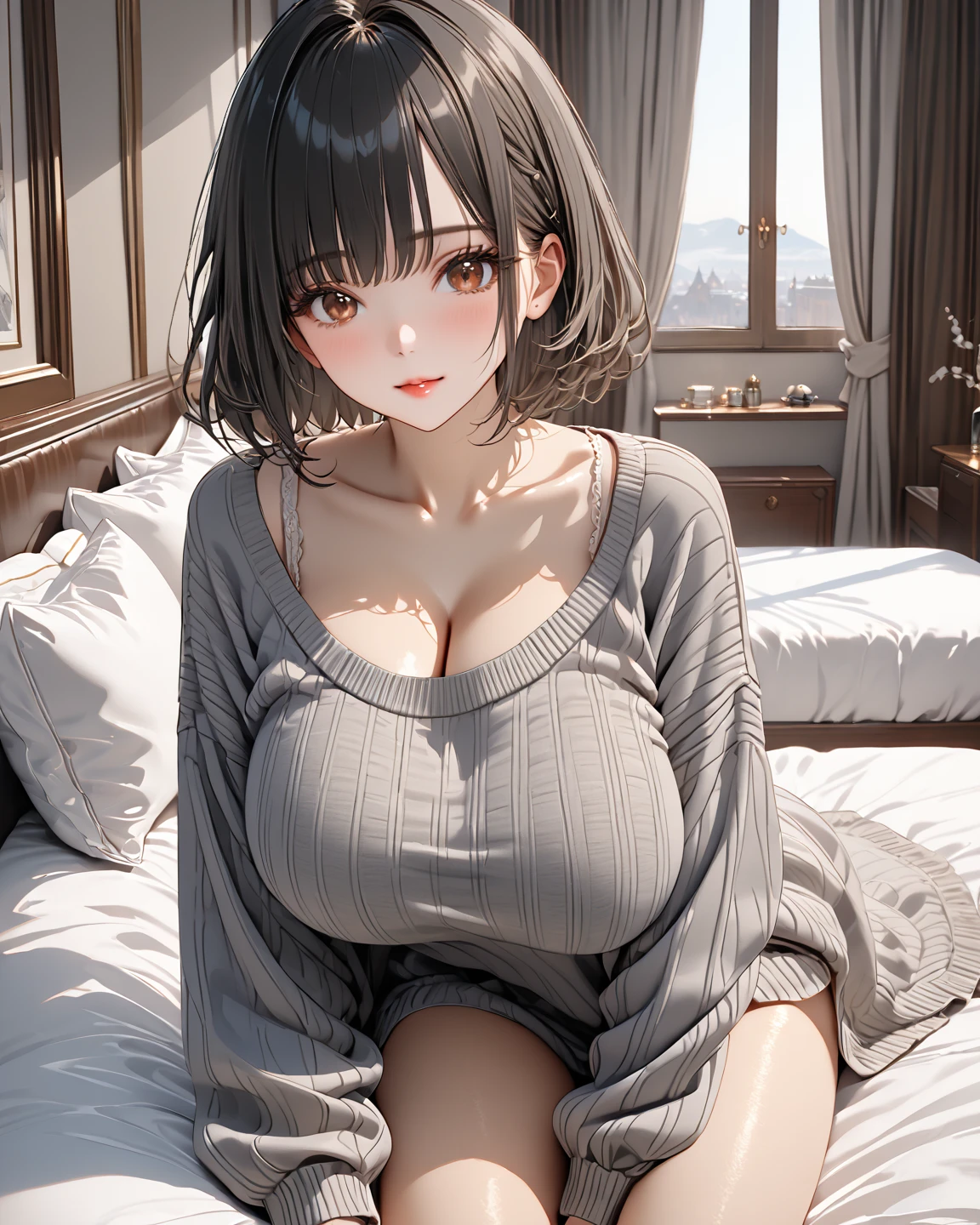 (Mastepiece: 1.3), (Maximum resolution: 1.2), (Ultra High Definition TV: 1.2), Cinema Light, Ultra High Definition TV, (Detailed eyes and skin), (Detailed facial features), Ticker, 8K resolution, Sharp Focus: 1.2, Perfect Style, Beautiful face, correct, Anatomically correct, Highly detailed face and skin texture, Detailed eyes, Brown Eyes, Double eyelids, Thin eyebrows, Glitter Eyeliner: 1.2, Natural Cheeks, Glossy Skin, Fair and shiny skin: 1.2, Shiny little necklace and earrings, (Glossy lips: 1.4),(Beautiful collarbone:1.8), Breaking the first-person perspective,White underwear, (Embarrassing:1.2), (blush:1.2), Innocent and cute girl, (Bobcut:1.8), BREAK (Full body shot: 1.2), (From below:1.3), (Focus on the legs), ((Very close relationship: 1.2)), (Very very big boobs:1.8), ((Sit with your legs apart:1.8)), ((Pose with panties and skirt slightly lifted:1.6)), (((In the hospital: 1.2)), (Looking up at the viewer:1.2)),(Nurse Costume:1.8),(nurse:1.8),(Panty Shot:1.8),(Pink uniform:1.8)