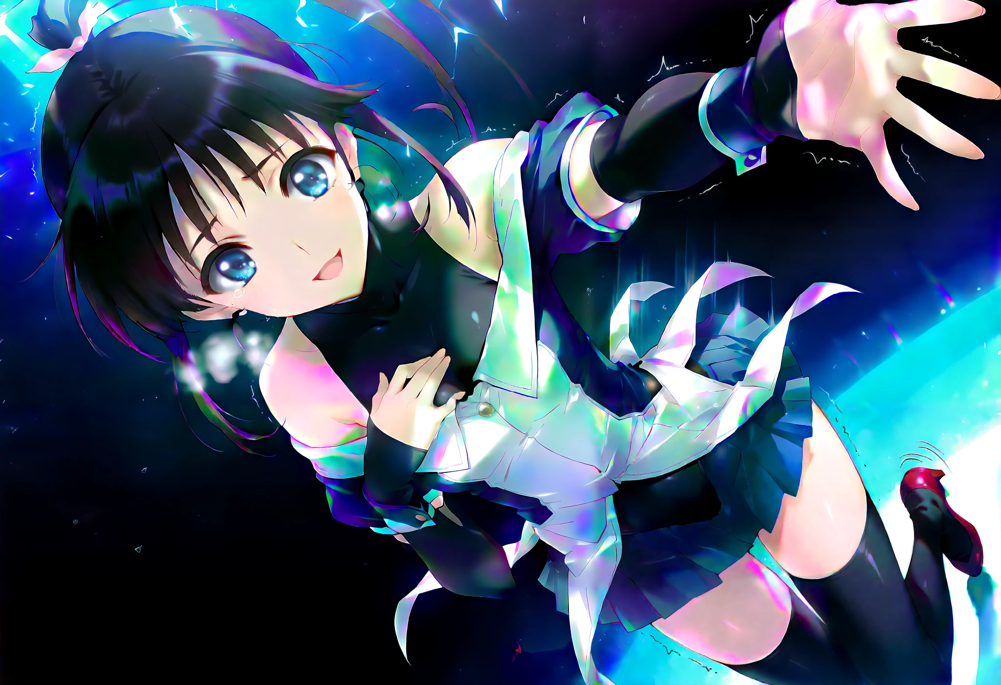 masterpiece,best quality,good quality, anime coloring, ((sugiura_koharu)),sugiura_koharu\(white_album_2\),1girl,solo,black hair,ponytail,hair ribbon,blue eyes,open mouth,1girl,((stage costume)),((blue and white jacket)),((off-shoulder)),((black high neck leotard)),((short_sleeves)),(((bare shoulders))),((detached sleeves,black sleeves,blue cuffs,sleeves past wrists, blue skirt,pleated_skirt, black_thighhighs)),((red High heels:1.2)),(((Motion Effect))), (Like a subtle blur),((solo)),NSFW, ,heavy breathing,(((Trembling))),((Watery eye)),(((pain)), Dynamic pose,Dynamic Angle,.(((electric)),sound effects,NSFW,(((upset))),cry,((water eyes)),(((electricity:1.45))),masterpiece, best quality, absurdres, safe, floating hair, spread arms, [hand on own chest::0.5], smile, closed mouth, black dress, [:very long hair:0.2], outstretched arm, leg up, standing on one leg, reaching out, dark background, perspective, dutch angle artist:yoneyama mai,,slightly visible inside of the skirt,(accidental exposure panties),((Blown backwards:1.4))、ice skates,
