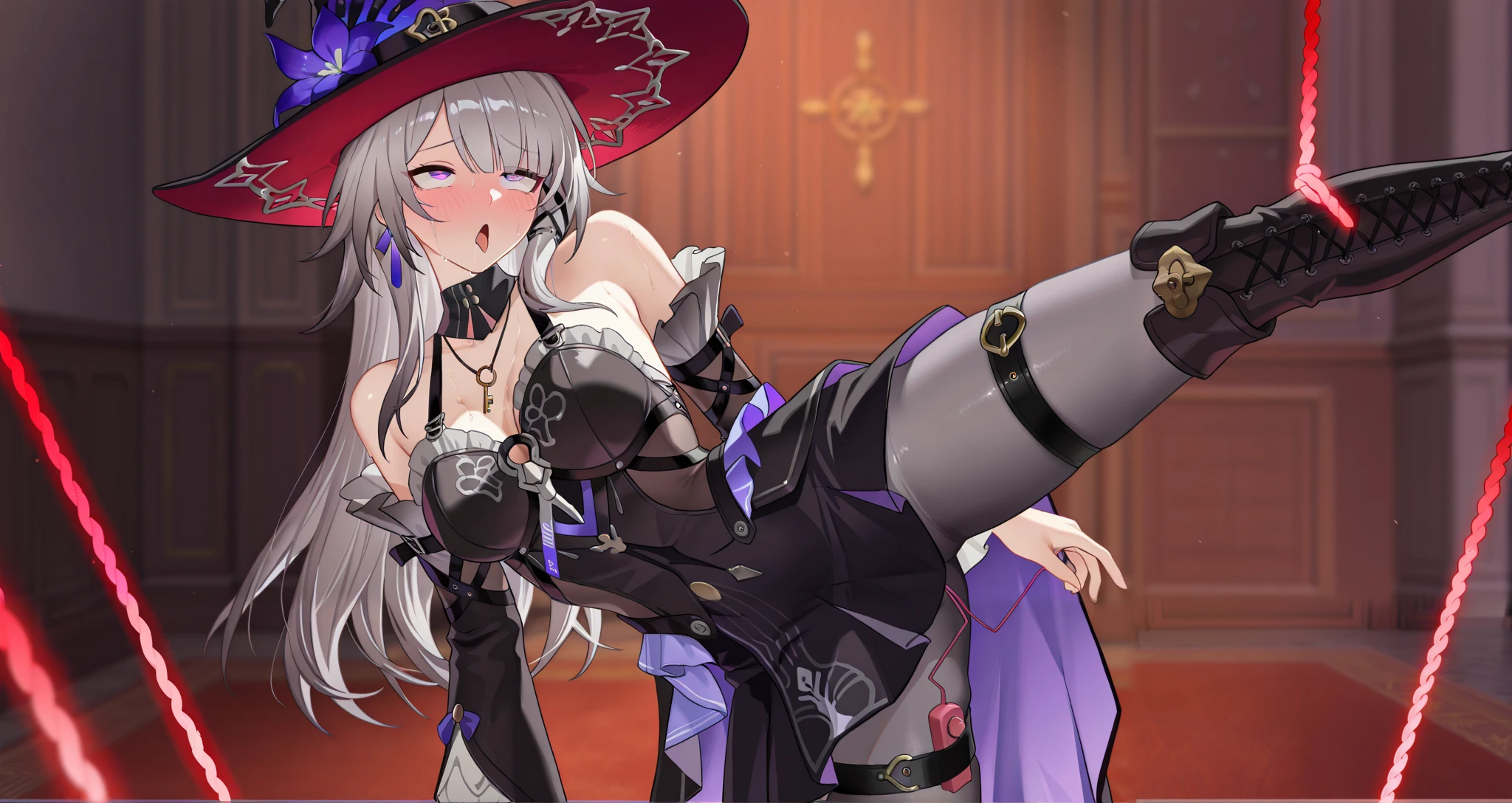 by [arknights|(748cmstyle:0.5)], mature, young adult, masterpiece, best quality, amazing quality, very aesthetic, high resolution, ultra-detailed, absurdres,
1girl, woman, solo, (medium focus, cowboy shot:1.2), THEHEITA_\(honkai_star_rail\),purple eyes,grey hair,long hair, black dress,witch hat,detached sleeves,bare shoulders,gray pantyhose,key necklace,frills,asymmetrical boots,knee boot,high heels, vibrator, thigh strap, glowing rope, lifting leg up, sweating, blushing, ahegao, open mouth, on the floor,
BREAK, depth of field, volumetric lighting
 