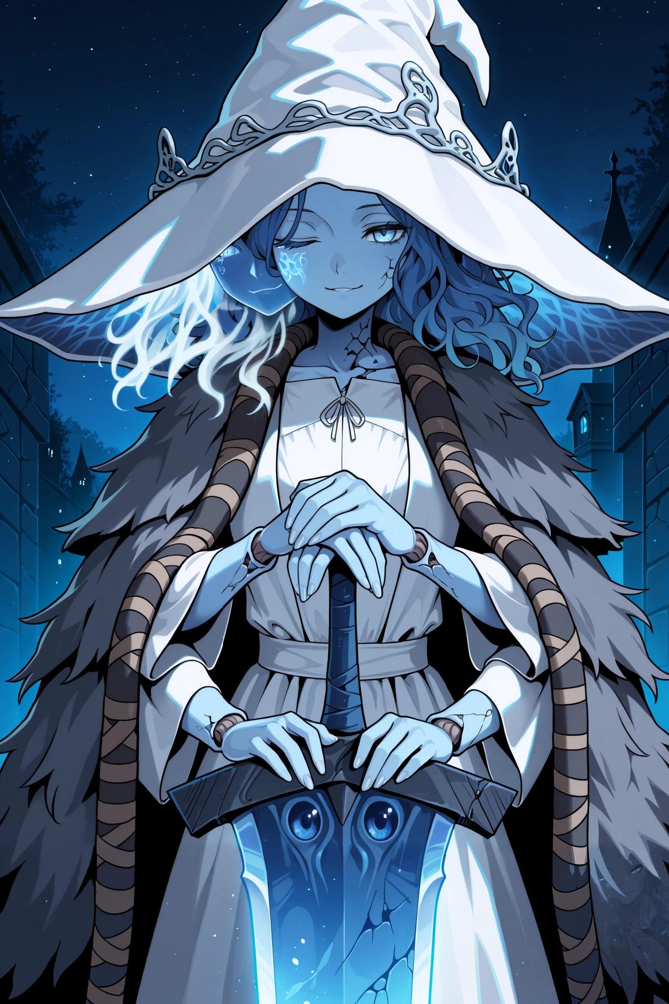masterpiece,best quality, amazing quality, very aesthetic,anime screencap,1girl,RnnDef, blue eyes, one eye closed, blue hair, wavy hair, (4 arms:1.2), extra faces, ghost face, blue skin, colored skin, cracked skin, doll joints,witch hat, large hat, white headwear, white dress, fur cloak, brown cloak, close-up, seductive smile, high contrast, night, dynamic pose, smirk, greatsword, moonlight greatsword, holding sword,