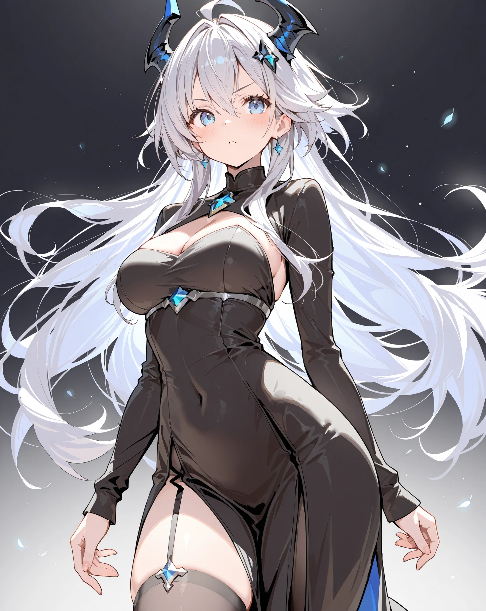 A girl,White long hair,Dissemination,Blue pupils,Big breasts,17-year-old girl,Humanity,A bit dull,A bit shy,Black dress