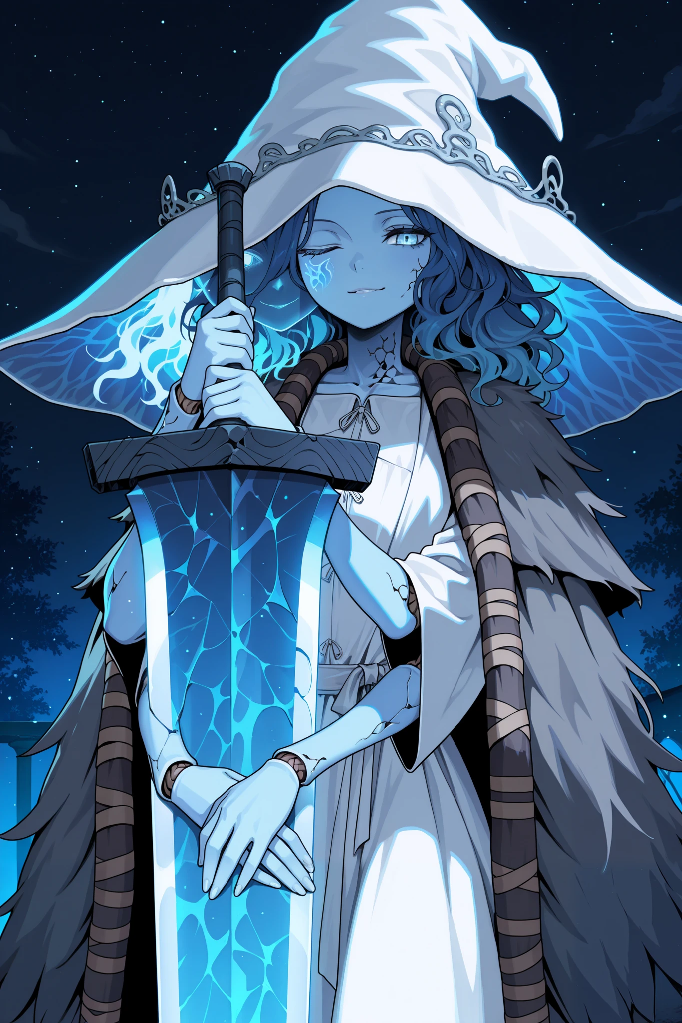 masterpiece,best quality, amazing quality, very aesthetic,anime screencap,1girl,RnnDef, blue eyes, one eye closed, blue hair, wavy hair, (4 arms:1.2), extra faces, ghost face, blue skin, colored skin, cracked skin, doll joints,witch hat, large hat, white headwear, white dress, fur cloak, brown cloak, close-up, seductive smile, high contrast, night, dynamic pose, smirk, greatsword, moonlight greatsword, holding sword,