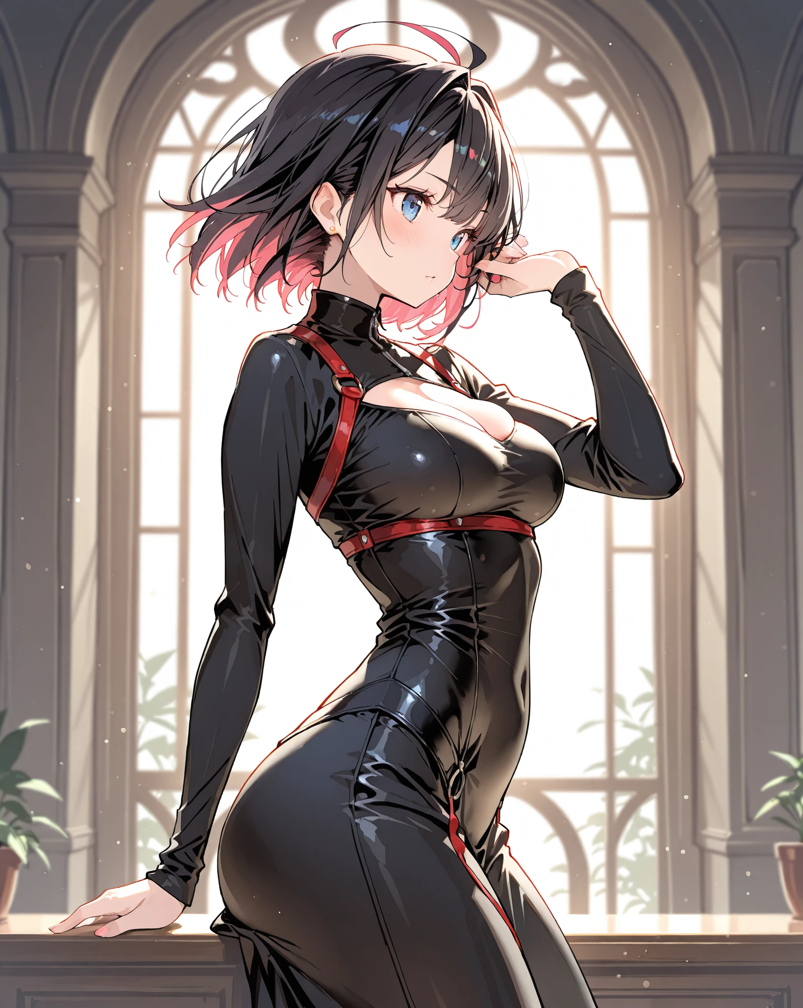 Metal strap winding,Swimsuit navy cap,Neck strap,Many thick black tentacles surrounded her,Your legs are behind your back, Tie your hands and feet together, inside in room, BDSM, with short black hair,Begging expression,Sexy giant buttocks,detail real,Super realistic style,skin detailed,Lots and lots of red ropes hang on the background,Vinyl coating,Sweat dripping