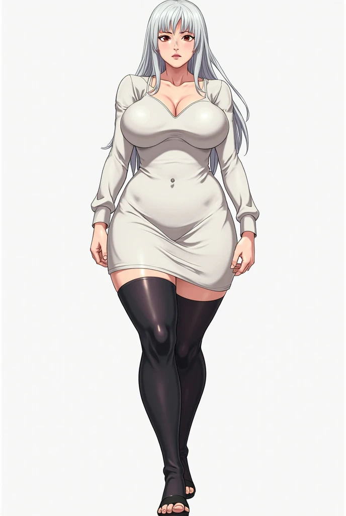 ((casual-style)), 1girl, solo, white hair, shirt, red ribbon, ribbon, looking at viewer, long hair, full body, white eyes, white shirt, grey eyes, hair between eyes, neck ribbon, collared shirt, cardigan, closed mouth, expressionless, jacket, simple background, frills, bangs, white background, long sleeves