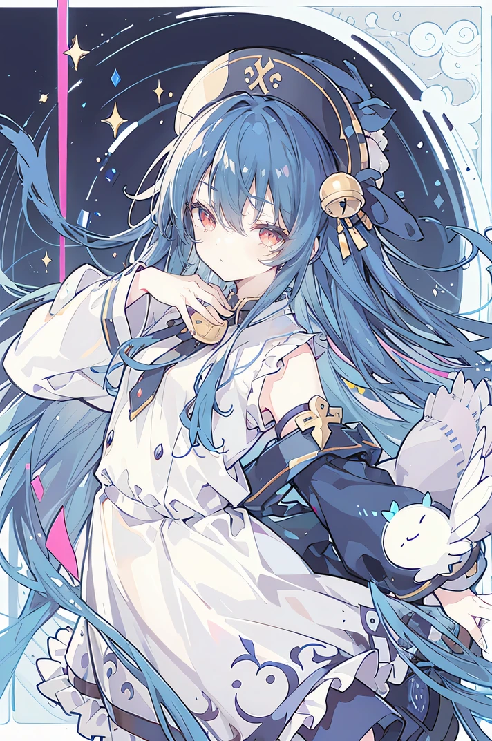 young girl,human, Magicians always smile ,Big wizard hat, cute,dark blue long hair,has no eyes, heavy bangs , thin eyebrows , fantasy, intake ,Double teeth,Star Theme , Constellation pattern , solid color fabric decoration ,cloak, a little dark atmosphere , a little crazy smile ,When the big moon shines outside at night,Blood, hair adorned with black stars , short tie , no nails ,High waist skirt,Bell sleeve ,long sleeve shirt,black tie,Low risk ,Gentlemen。Nonsense 、Yellow-white effect, Shocking Pink as a Slight Color,night, Meniscus , Two hands, Two feet,upper body close-up。