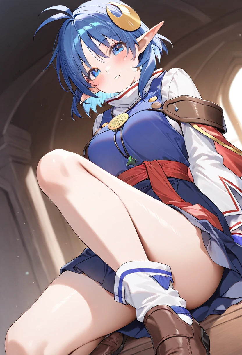 (masterpiece)), Highest quality, Very detailed,(One Girl), synonsolus, Blue Eyes, Blue Short Hair, armor, gloves, white gloves, dress, blue dress, Thigh-high boots,  Beautiful background, (((Clothing))), Small breasts, Bent body,Lie in, Look to the side, Worried face, The female genitals are in full view, Drunk look, Hot body、Sweaty、Spread your legs、Browsing Caution, NSFW, (((Trembling Body))), (((Moist eyes))), (((Squirting climax))), (((aroused))), (((in heat))), (((Nipple show))),