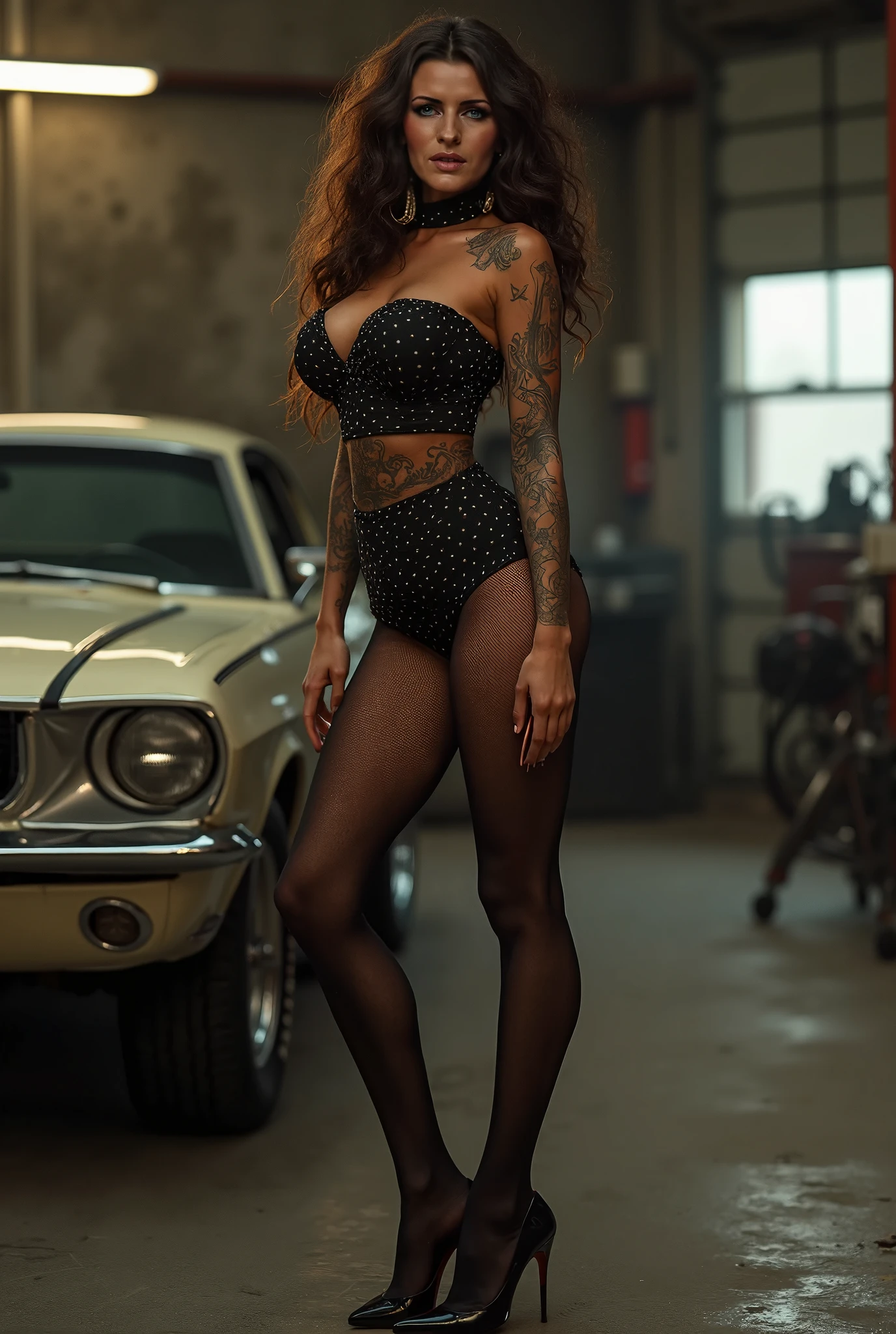 A pornographic girl wearing Chinese underwear,s the perfect face,Wearing black stockings,Wear stiletto heels,with tattoos,Perfect curvaceous body,Whole body on the street,CG,incredibly detailed,ultra-realistic realism