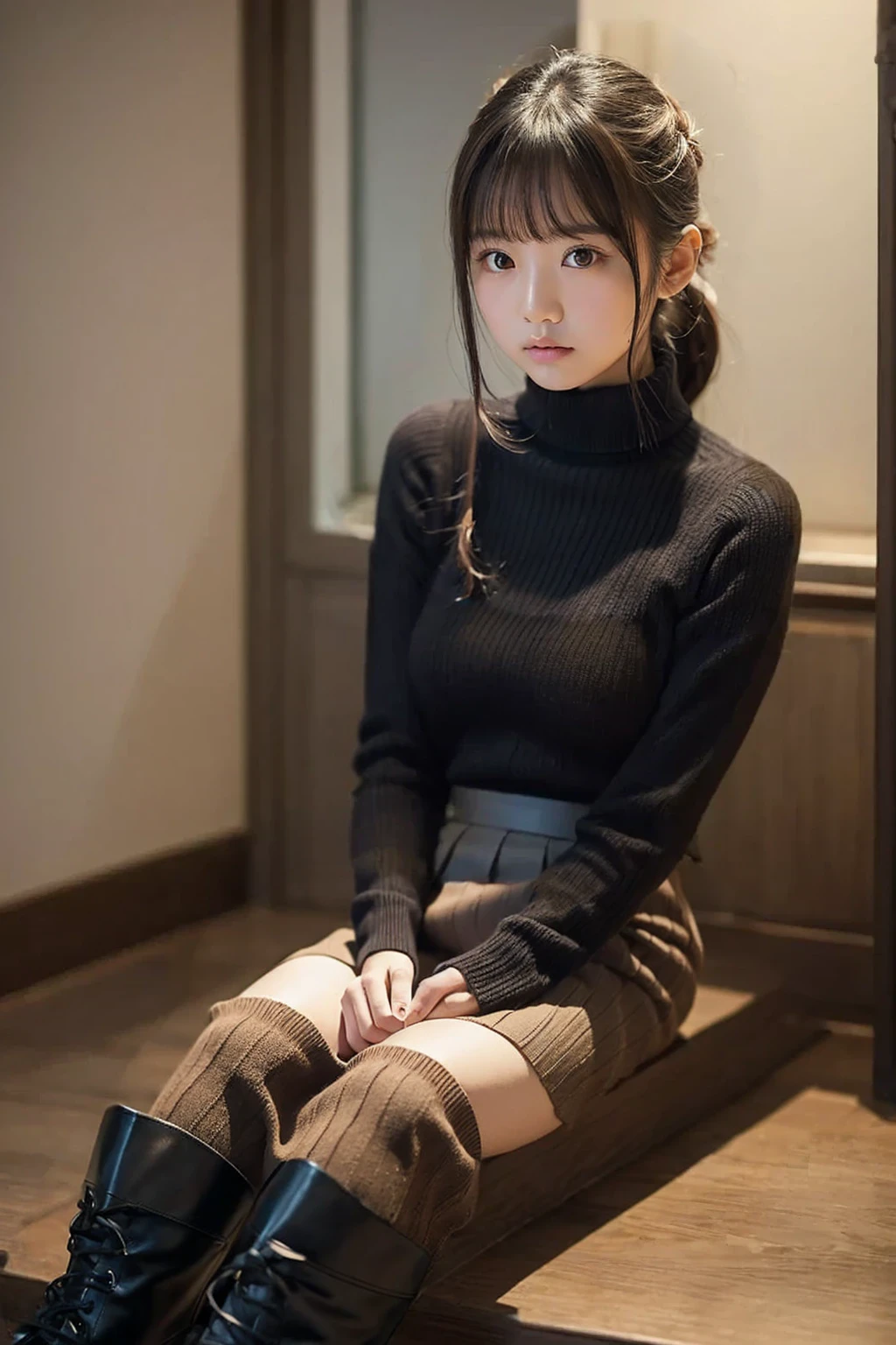 Perched on the large window sill of the library、Female student staring blankly out, Knitted dresses, Belt at waist, a miniskirt, Autumn outfit, semi long hair, Autumn leaves outside the window