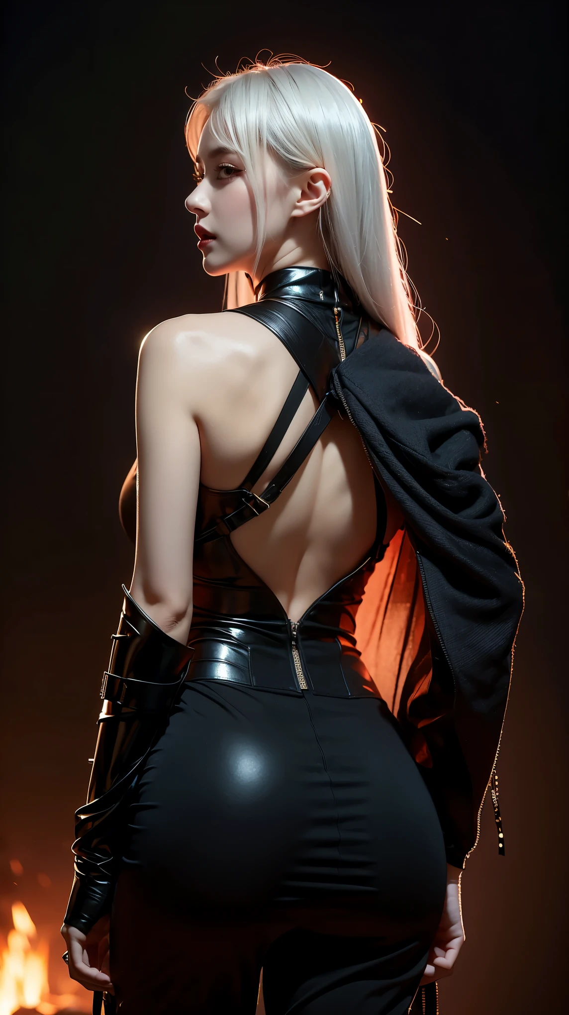 carmilla, pechos medianos, vestido negro, pelo blanco, hermoso rostro, ojos azules, (Obra maestra:1.2), Mejor calidad, absurdos, high resolution, fondo de pantalla extremadamente detallado, perfect lighting, Desde abajo, medias, stockings, tacones, hig heels, pussy, nsfw,+18