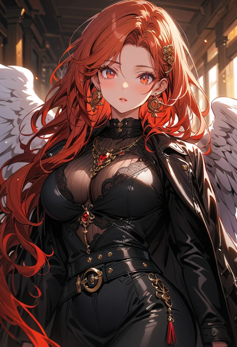 (8k,High resolution,masterpiece, accurate, Anatomically correct, Winner of numerous awards, 最high quality, High-resolution model, high quality, High detail, Very detailed:1.3)One person,Big eyes,Drooping eyes,Blushing,Hilda Hopes, smile,View your viewers, Hair Bun,red hair,Twin tails,dress, Red gloves, boots, Hoop Earrings,Large Breasts, (Cleavage)