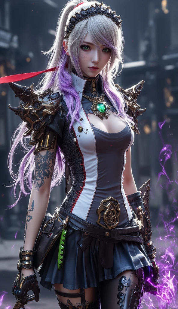 a close up of a person in a costume with a sword, as a character in tekken, female character, tifa lockhart with white hair, katana zero video game character, lunar themed attire, kda, slim body, cyborg - girl with silver hair, upper body avatar, (( medium breast;1.2)), fashion gameplay screenshot, fighting game character, new character, floralpunk elysian maiden, sigma female