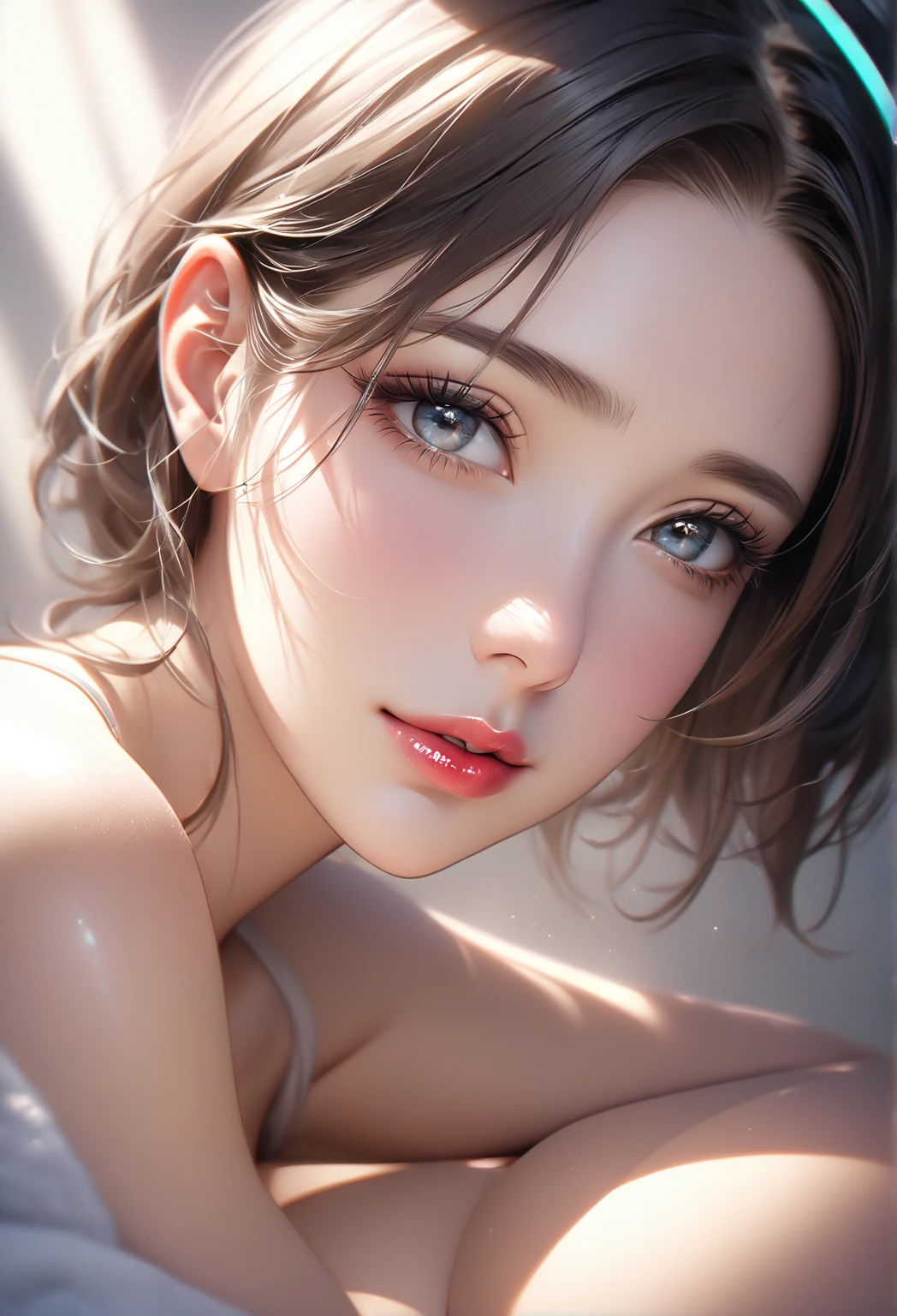 Photo realistic:1.2), One Woman, Japanese, Perfect Face, Cool beauty, Glossy lips, (((No makeup:1.5))), Perfect body, ((Ample breasts)), White Dress, Turn your face towards me, From side, Party Venue, light brown hair, very short hair, mole under eye, eyeball, long eyelashes, glasses, light smile, (cowboy shot), parted lips, masterpiece, accurate, anatomically correct, textured skin, super detail, high details, high quality, best quality