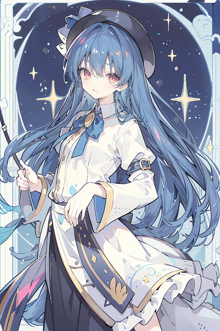 young girl,human, Magicians always smile ,Big wizard hat, cute,dark blue long hair,Dull eyes, heavy bangs , thin eyebrows , fantasy, intake ,Double teeth,Star Theme , Constellation pattern , solid color fabric decoration ,cloak, a little dark atmosphere , a little crazy smile ,When the big moon shines outside at night,Blood, hair adorned with black stars , short tie , no nails ,High waist skirt,Bell sleeve ,long sleeve shirt,black tie,Low risk ,Gentlemen。Nonsense 、Yellow-white effect, Shocking Pink as a Slight Color,night, Meniscus , Two hands, Two feet,upper body close-up。