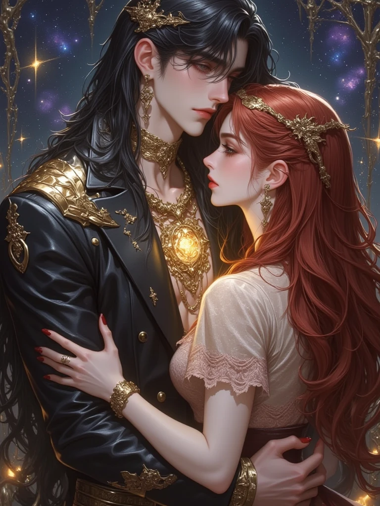 A tall, muscular, handsome man (195cm, light wheat-colored skin, jackal pattern, black hair with golden sequins, golden eyes, dark suit, Egyptian scales) embraces a short, curvaceous woman (162cm, fair skin, long red-black hair, beige lace top, pink lace skirt, obsidian jackal pastel necklace), the ancient light of the sun shines through the necklace. Create a warm and pleasant atmosphere. The background should represent the universe, with dark blues, purples, and twinkling stars, symbolizing the connection between the two characters and matching the romantic, mysterious theme. Characters should appear to have a deep emotional connection, with subtle lines of energy or light connecting them to show their spiritual connection.




