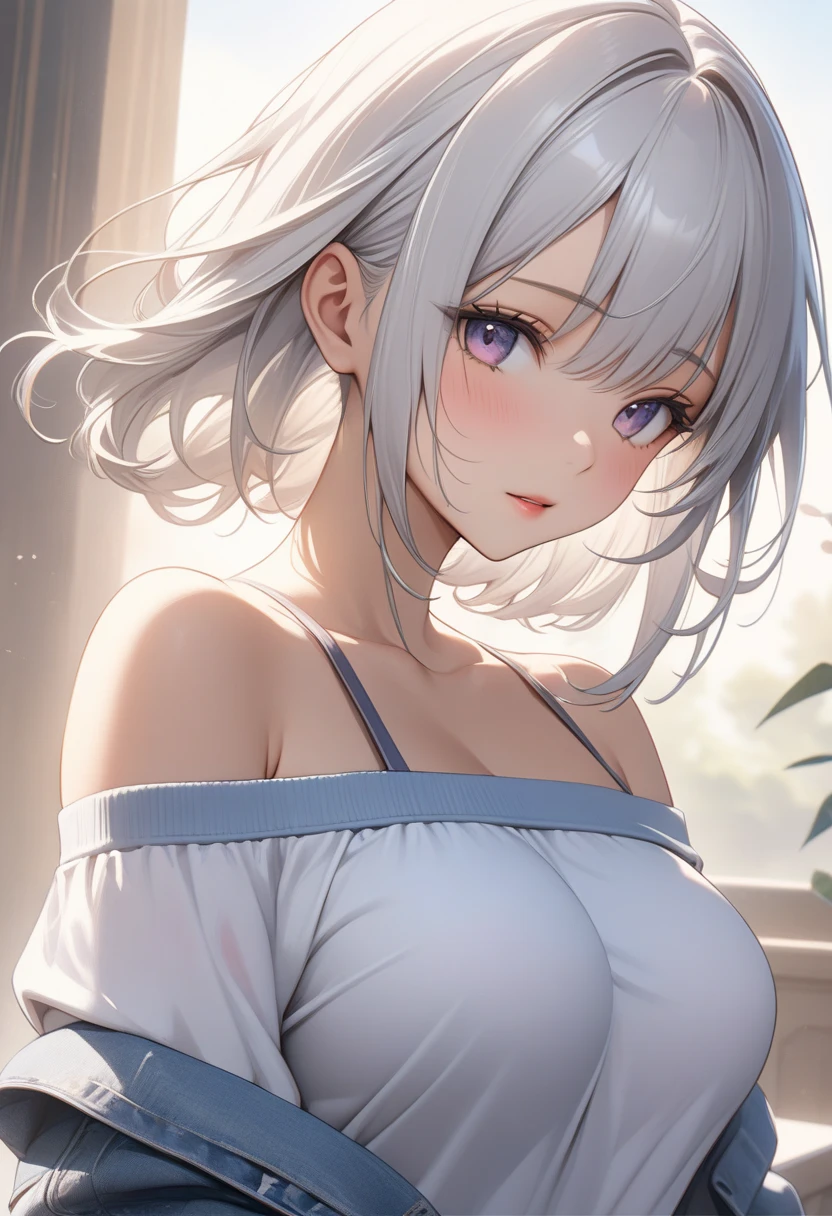 ((Tilt your body forward)), (Place your hands on your hips pose), ((Pose with emphasis on the chest)),(She was very embarrassed and blushed).(A bright red face that was very excited with shame),,(blush),(Broad white and thin shirt with chest), (A white and thin shirt with a wide open chest), (Oversized thin white t-shirts), ,(loose t-shirt),(oversized shirt), (shirt), (off shoulder), No bra, braless, downblouse, leaning forward, bright_skin, beautiful eyes, She reached a sexual climax, oversized T-shirt, shirt, off shoulder, loose t-shirt, leaning forward, oversized shirt, shirt, (off shoulder), cleavage, outdoors,1girl,solo, leaning forward, collarbone, 
chris yukine,yukine_chris, long hair, low twintails, purple eyes, silver hair,  face, , cute face, 