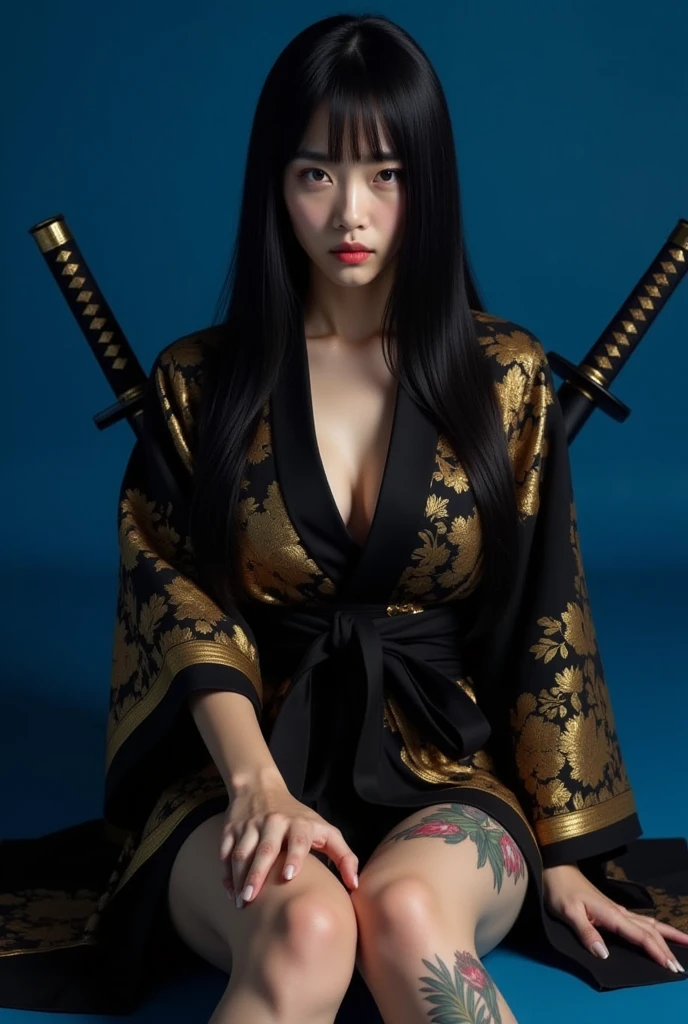(masterpiece), best quality, expressive eyes, perfect face, HD, Benisato, kunoichi, snakes tattooed, chin, She is a tall and matured woman with a slender curvaceous build with long legs and arms, Although a ninja herself, Benisato has the appearance of a beautiful and seductive geisha, She has porcelain skin and long dark hair tied back in a coif with a hairpin and traditional comb, Benisato is covered in serpent tattoos that come alive when she uses her powers and will usually appear naked during a battle to throw off her male victims, She wears traditional Japanese geisha robes, full body, pants, long sleeves, Vest, sandals, kimono, Hongli, snakes supranatural 