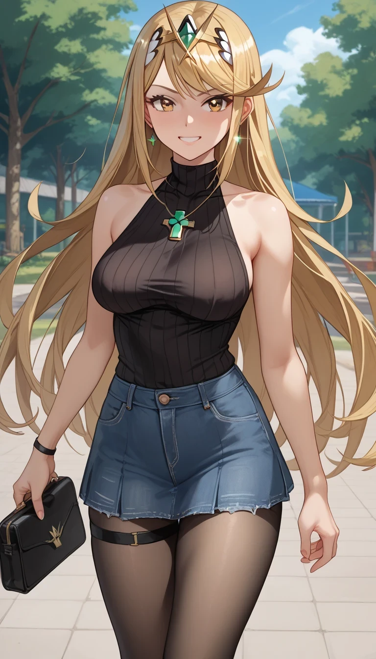 score_9, score_8_up, score_7_up, source_anime、top quality、8k、 masterpiece、ultra high definition、 natural light、perfect anatomy、 perfect eye、beautiful eyes、One Woman、Medium breasts、((saggy breasts))、mythra, yellow eyes, swept bangs, very long hair, blonde hair, headpiece, tiara, earrings, (black sleeveless rib knit、 high neck、 denim micro skirt with ankle strap )、pantyhose、(embarrassing:1.5、 happy)、((spring park))、 stand and pose、full body shot