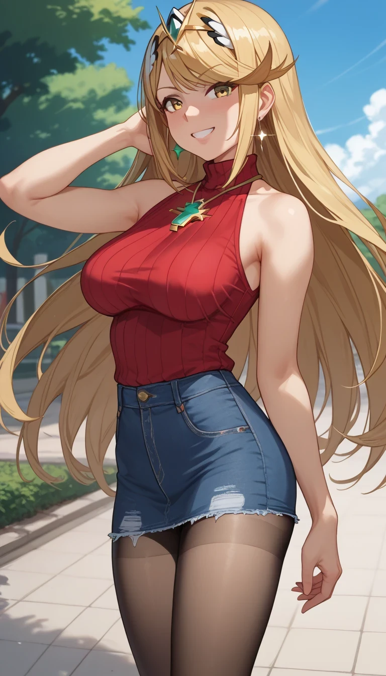 score_9, score_8_up, score_7_up, source_anime、top quality、8k、 masterpiece、ultra high definition、 natural light、perfect anatomy、 perfect eye、beautiful eyes、One Woman、Medium breasts、((saggy breasts))、mythra, yellow eyes, swept bangs, very long hair, blonde hair, headpiece, tiara, earrings, (dark red sleeveless rib knit、 high neck、 denim micro skirt with ankle strap )、pantyhose、(embarrassing:1.5、 happy)、((spring park))、 stand and pose、full body shot