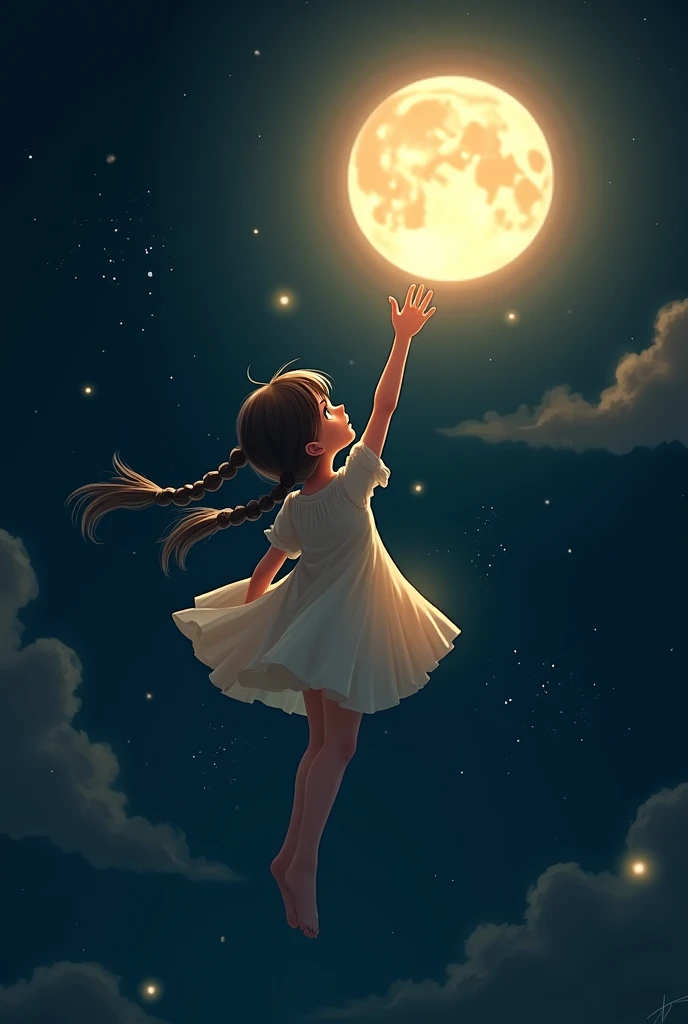 Generate an image of Wendy Darling from the Disney movie ‘Peter Pan’. Wendy is a young girl with brown hair tied back with a blue ribbon, wearing a light blue nightgown. The setting is the nighttime sky over London, with Big Ben and the city lights visible in the background. Wendy is flying gracefully, her arms outstretched and a look of wonder and excitement on her face as she sprinkles pixie dust. The stars and the moon illuminate the scene, adding a magical atmosphere.”