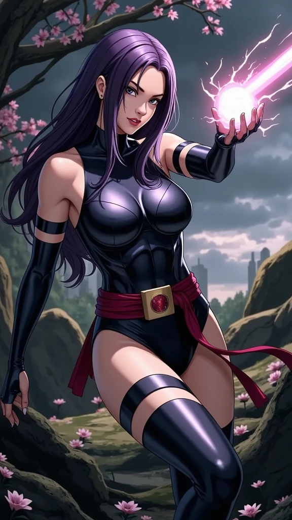(masterpiece, computer, mejor quality, Clear focus, shadow, Anime style, ultra high resolution, 8K, perfect anatomy, perfect face, (detailed face), ( Detailed eye ), punctuation_9, punctuation_8_arriba, punctuation_7_arriba, punctuation_6_arriba, punctuation_5_arriba, punctuation_4_arriba, source _Animated, Label 1, Label2, quality_masterpiece, Correct anatomy, beautiful face, perfect face, Beautiful and highly detailed face and eyes, attractive face, detailed face, delicate facial hair, detailed skin, huge breasts, wide hips, gigantic butt, thick thighs. Psylocke from X-Men from Marvel comics in anime format from the front looking at the spectator, with long, straight, dark purple hair, serene look and determined expression. His outfit is the Psylocke costume, a fitted futuristic suit made of shiny material, sleeveless and with a high collar, accompanied by arm-length gloves. Holds a pink-colored psychic energy with a glowing core in his outstretched hand. His belt is red with buckles with the X-Men symbol. The background scene includes cherry blossoms in soft tones in the middle of a forest.