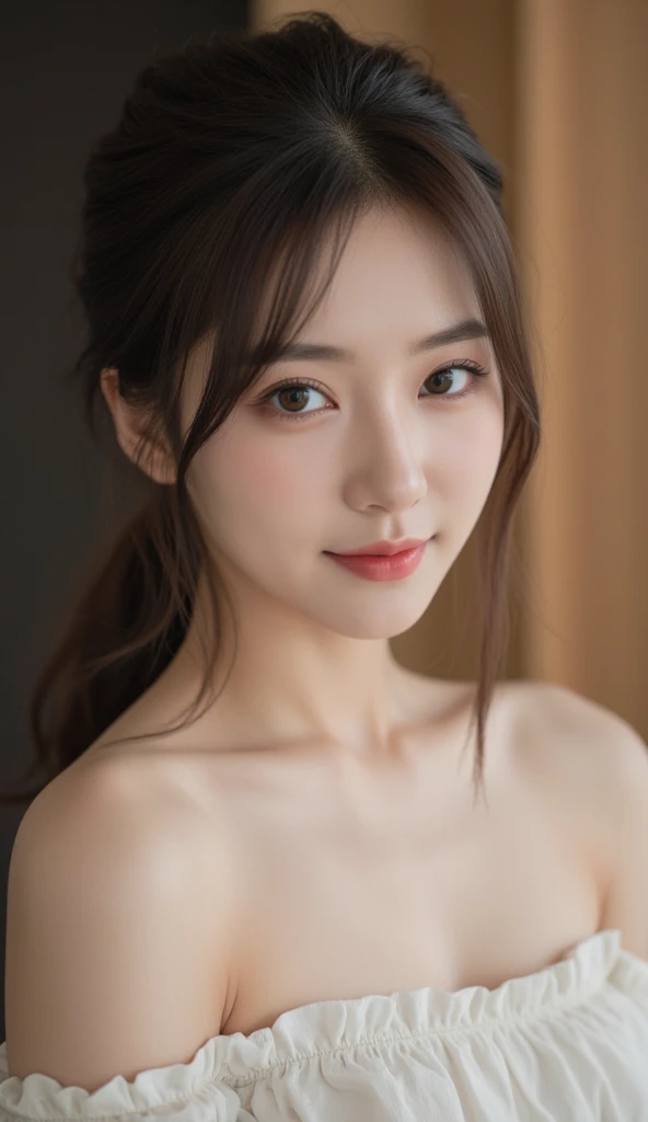 1woman, Updo hairstyle, (Ultra realistic, high res), (highly detailed eyes, highly detailed hair, highly detailed face, highly detailed plump lips), (off shoulder with open breasts), breasts, upper body, caute smile, (best quality:1.4), Raw photo, (realistic, photo-realistic:1.37), professional photography, cinematic light, (fine face: 1.2),
