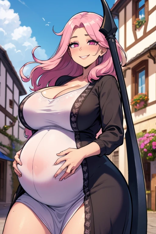 older woman in her 30s, with pink hair and a tall, curvy body, breasts big, in this, (work of art, best qualityer:1.2) wearing the legendary great black dress of the mystical sorceress, Big witch hat, pregnant, standing alone, alone, pink massive hair