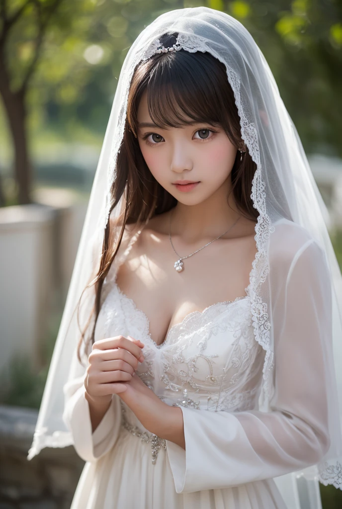 Highly detailed CG Unity 8K wallpapers、top-quality、ultra-detailliert、masterpiece、realisitic、Photorealistic highly detailed cute girl、one girls、(25-years old)、red blush、round idium chest、cleavage of the breast、Semi-body shots、White wedding dresses、Valley、landscaped gardens、(White Princess Line Wedding Dresser Tiara、White choker、White lace gloves、white panty hose:1.2),(White skirt、Beautiful embroidery、White lace garter belt:1.2),Beautiful necklaces、The whole body is reflected、Mouth ajar、Enchanted、A wistful look、Ecstatic face、cum faced、Standing、looks from behind
