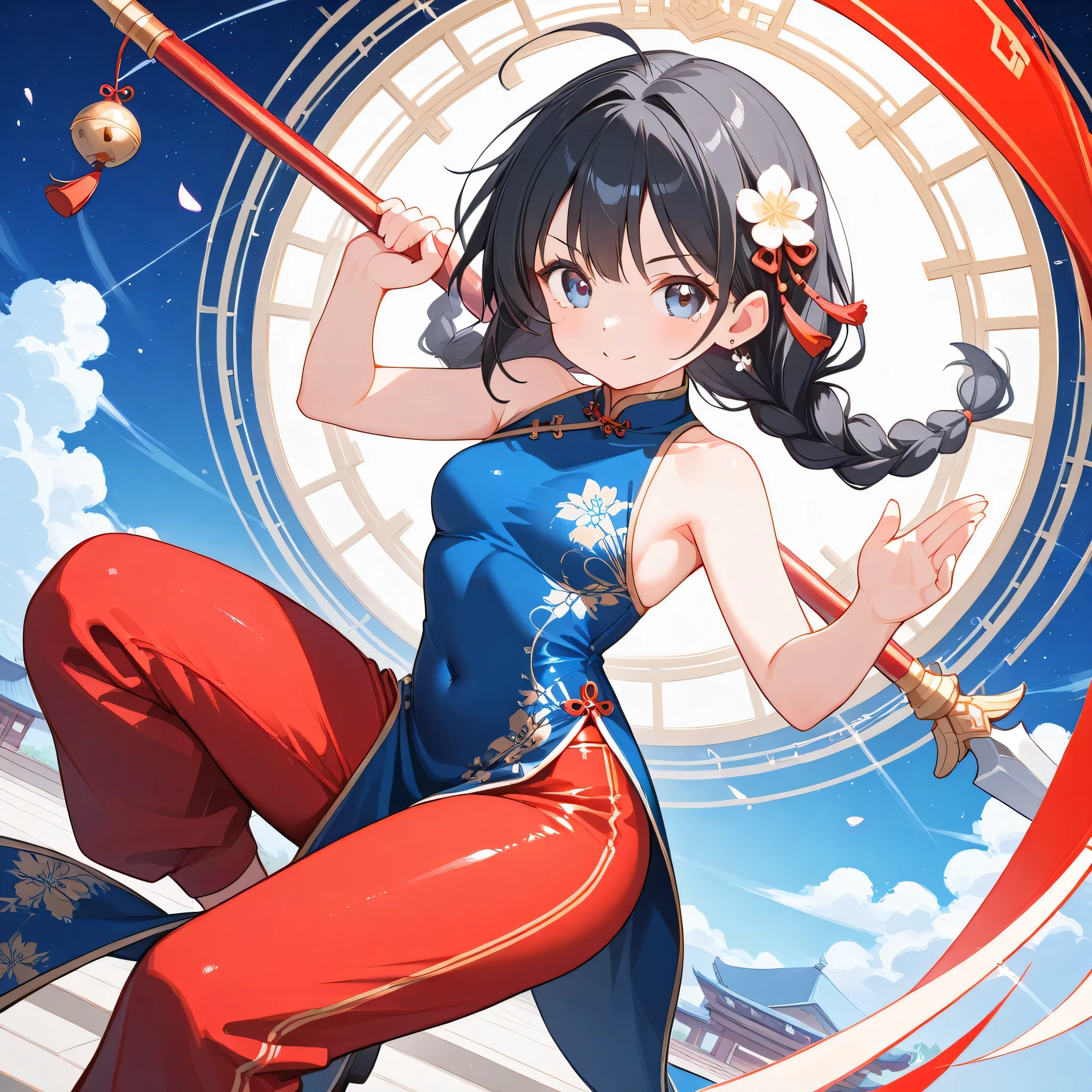Anime girl with a sword and a red outfit in front of a clock - SeaArt AI