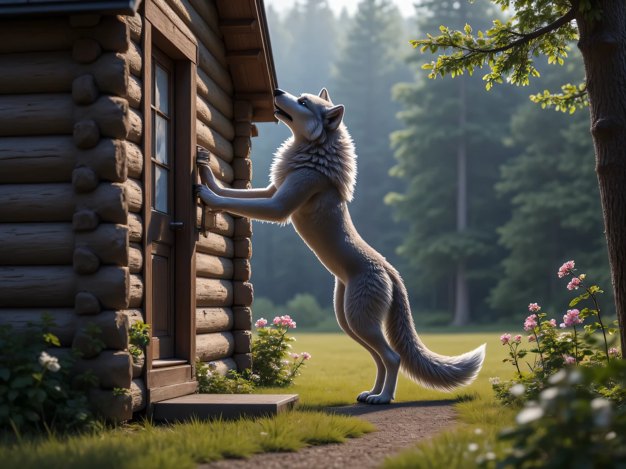  (masterpiece), best quality, 1wolf,  realistic, highly detailed, shallow depth of field, sharp focus, hyperrealism, cinematic lighting, photorealistic style, 8k solution, the gray wolf stands on its hind legs and knocks on the door of grandmas old large log house in the middle of the forest, view from the side, 