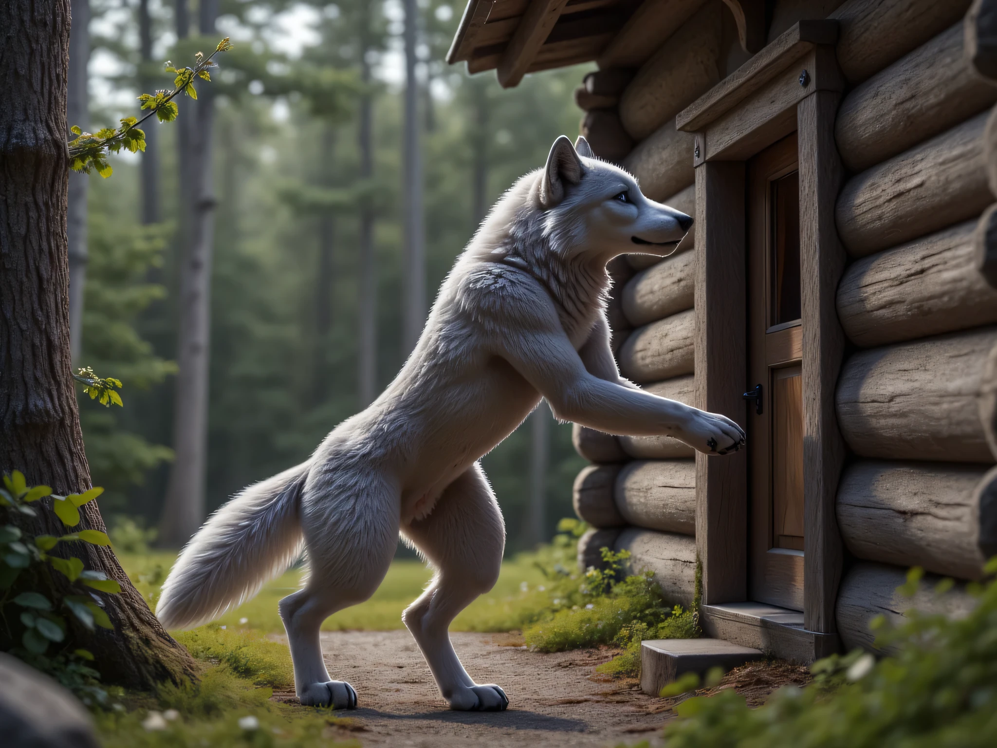  (masterpiece), best quality, 1wolf,  realistic, highly detailed, shallow depth of field, sharp focus, hyperrealism, cinematic lighting, photorealistic style, 8k solution, the gray wolf stands on its hind legs and knocks on the door of grandmas old large log house in the middle of the forest, view from the side, 
